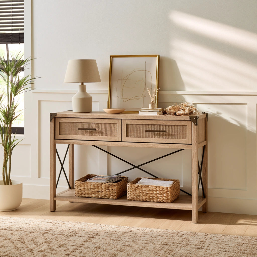 Consolle da ingresso in legno finitura rovere, colore bianco e marrone chiaro