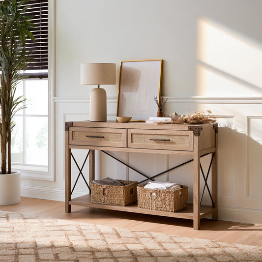Consolle da ingresso in legno finitura rovere, colore bianco e marrone chiaro