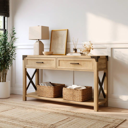 Consolle da ingresso in legno finitura rovere, colore bianco e marrone chiaro