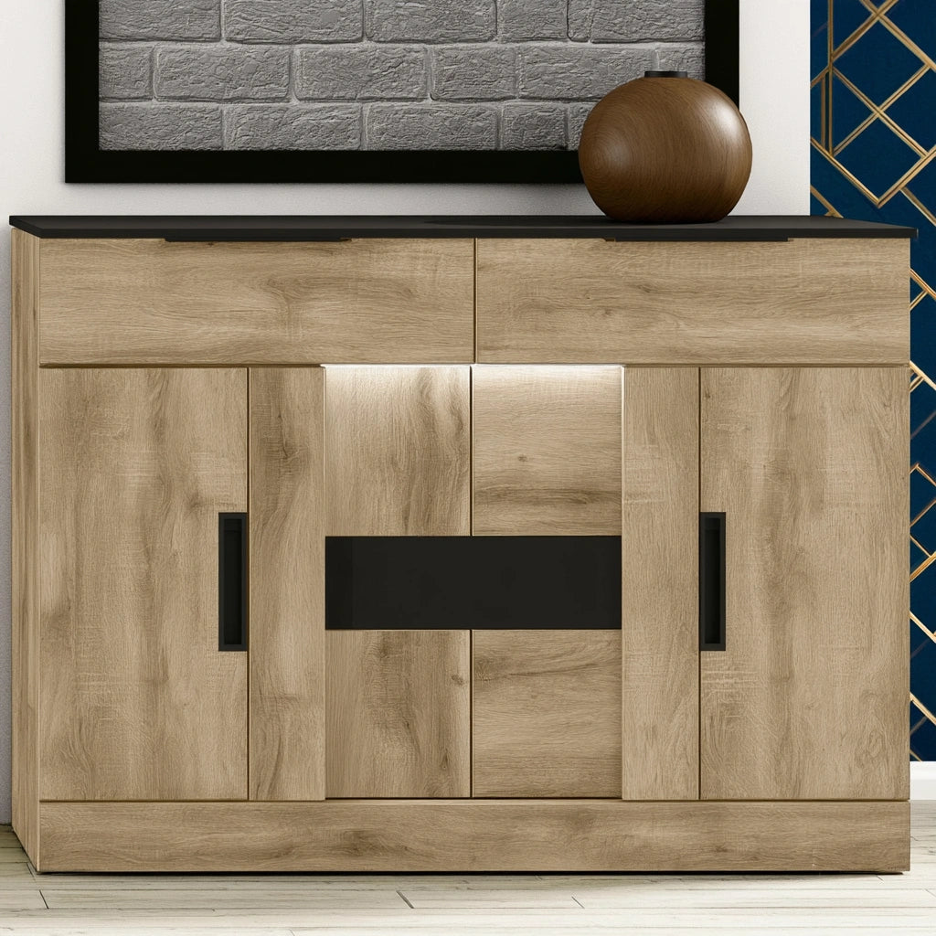 Credenza contenitore in legno finitura rovere, colore nero e marrone chiaro