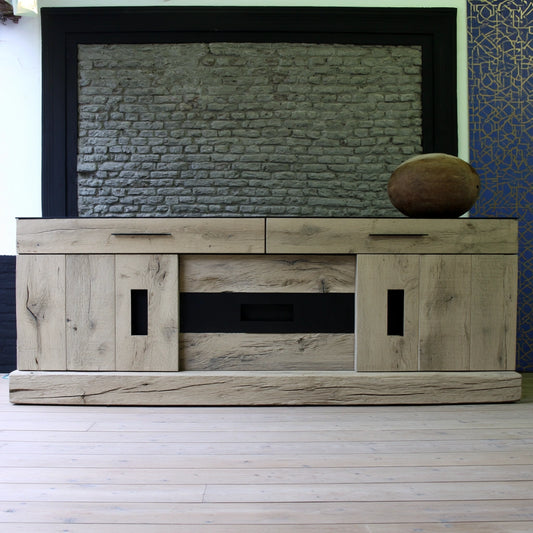 Credenza contenitore in legno finitura rovere, colore nero e marrone chiaro